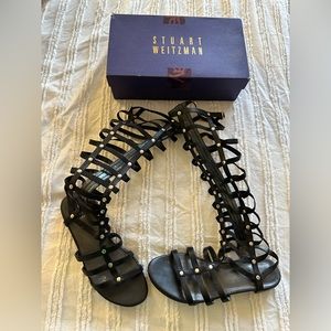 Stuart Weitzman black leather flat gladiator sandals